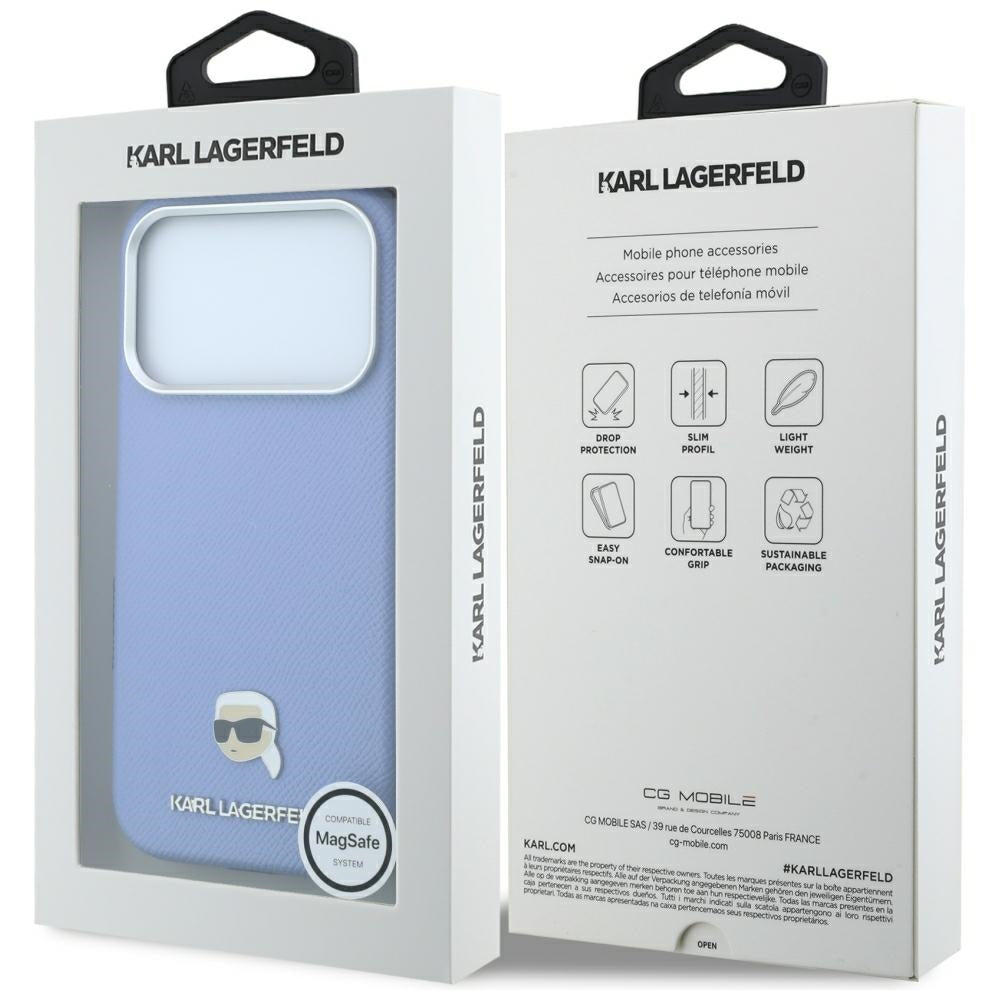 MagSafe Case for Apple iPhone 18 Pro Max / 17 Pro Max, Karl Lagerfeld, Grained Karl Head's Metal, Blue