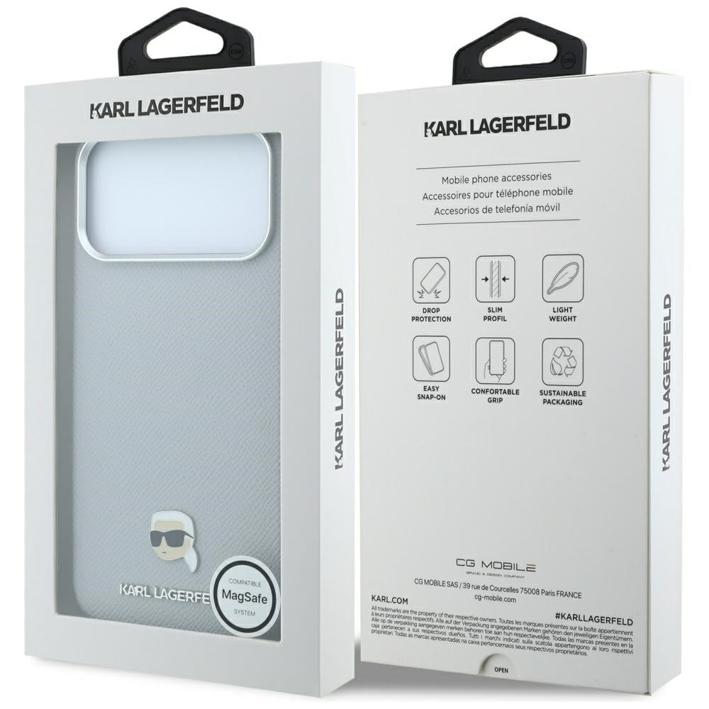 MagSafe Case for Apple iPhone 18 Pro Max / 17 Pro Max, Karl Lagerfeld, Grained Karl Head's Metal, Gray
