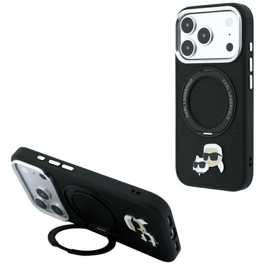 MagSafe Case for Apple iPhone 18 Pro Max / 17 Pro Max, Karl Lagerfeld, Ring Stand 360 Karl & Choupette Pin, Black