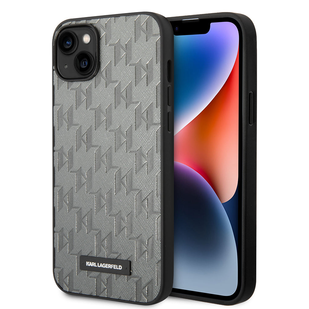 Case for Apple iPhone 14 Plus, Karl Lagerfeld, Saffiano Monogram Metal Logo, Grey