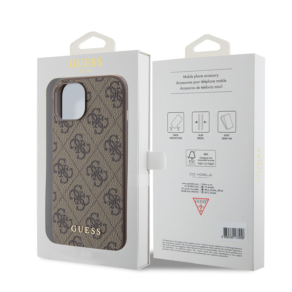 Case for Apple iPhone 15, Guess, 4G Metal Gold Logo, Brown