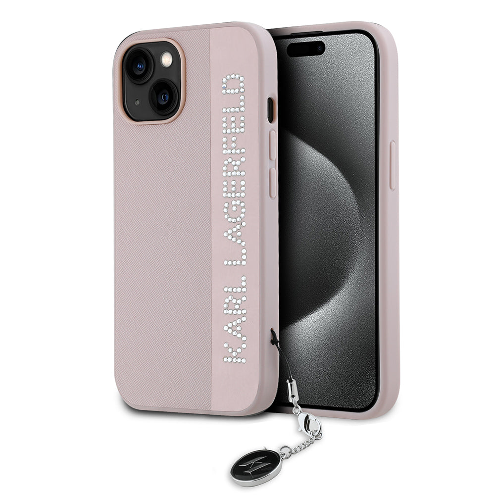 Case for Apple iPhone 15, Karl Lagerfeld, Saffiano Rhinestones & Charm, Pink