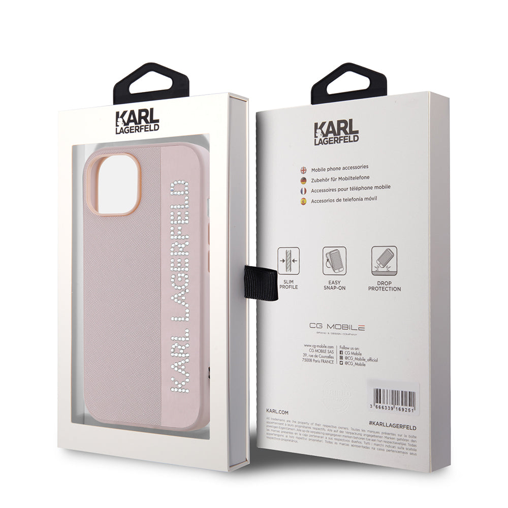 Case for Apple iPhone 15, Karl Lagerfeld, Saffiano Rhinestones & Charm, Pink