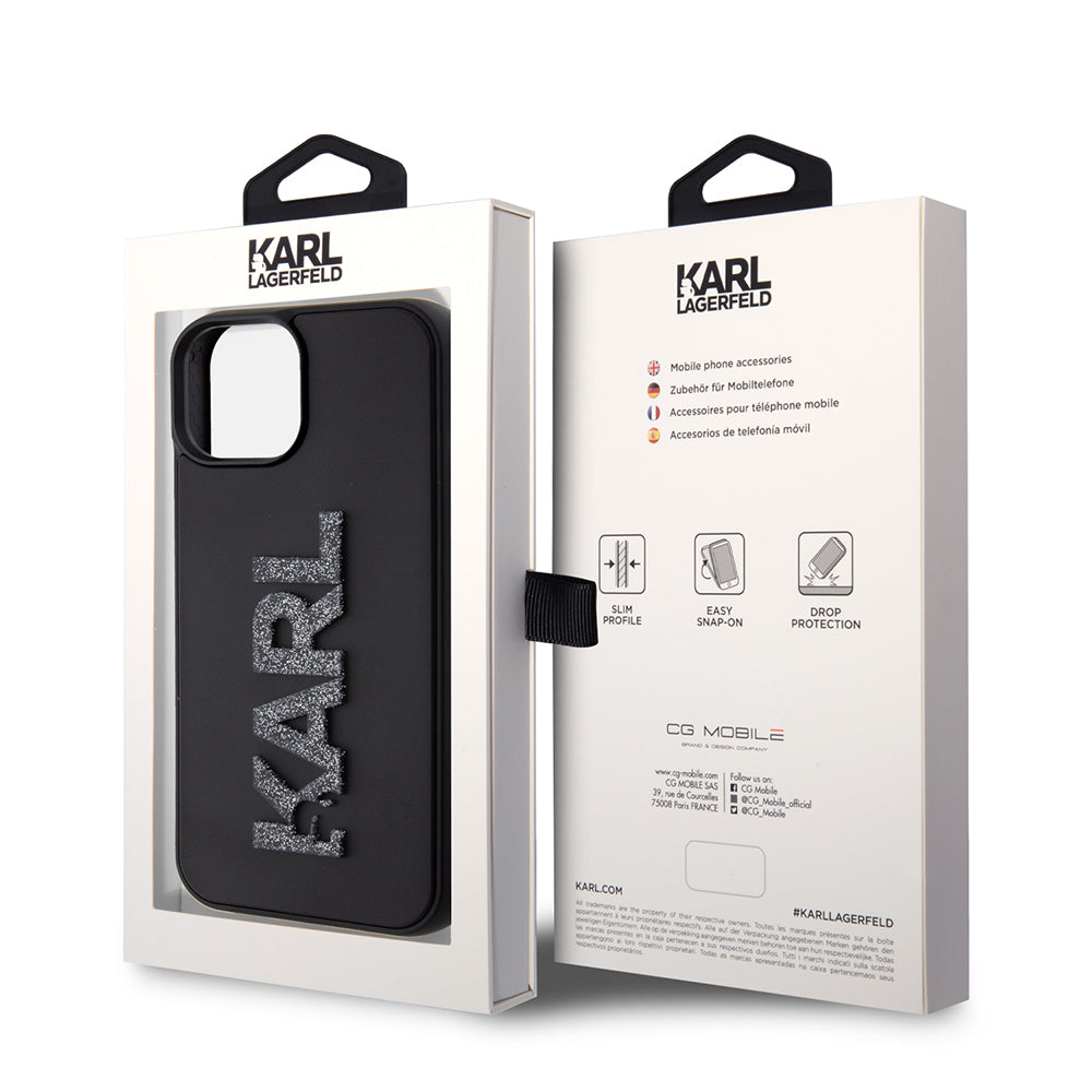 Case for Apple iPhone 15 Plus, Karl Lagerfeld, 3D Rubber Glitter Logo, Black