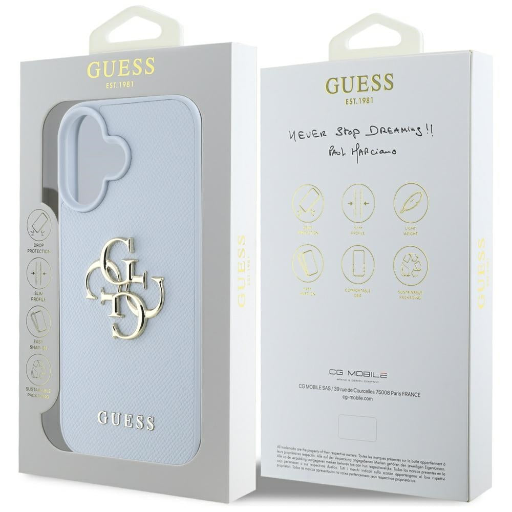 Case for Apple iPhone 16, Guess, Grained Big 4G Logo Small Classic Logo, Blue