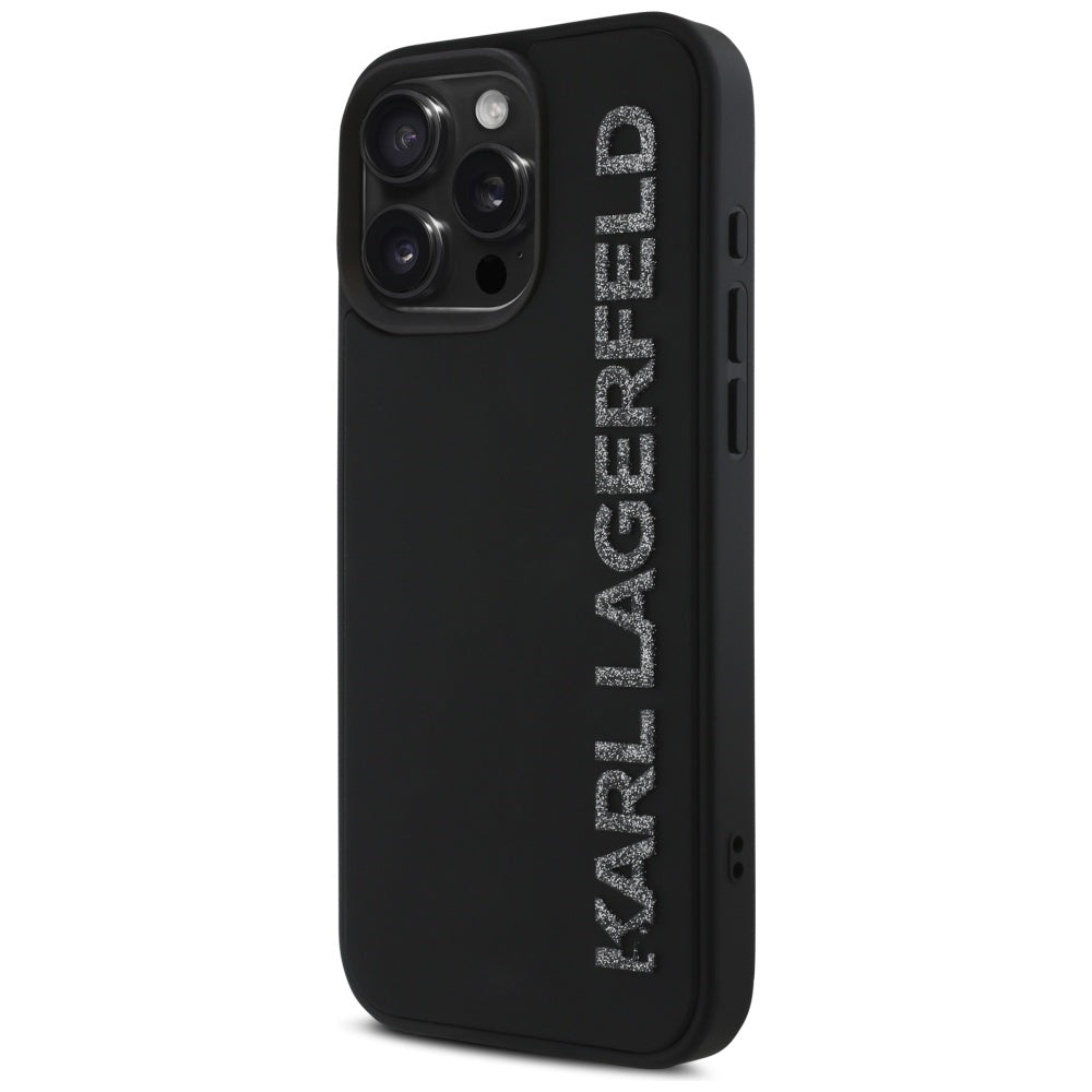 Case for Apple iPhone 16 Pro, Karl Lagerfeld, 3D Rubber Elongated Glitter Logo, Black