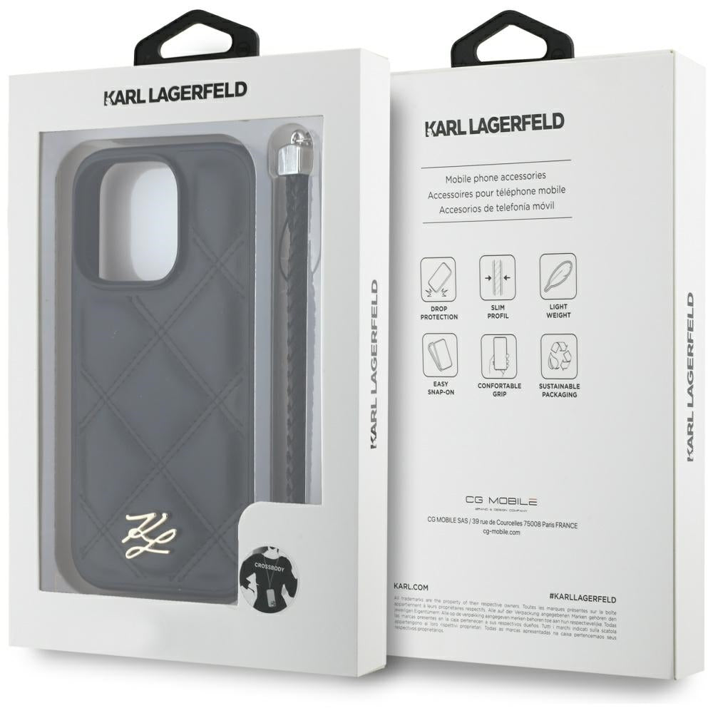 Case for Apple iPhone 16 Pro, Karl Lagerfeld, Quilted Initial Logo & Chain Strap, Black