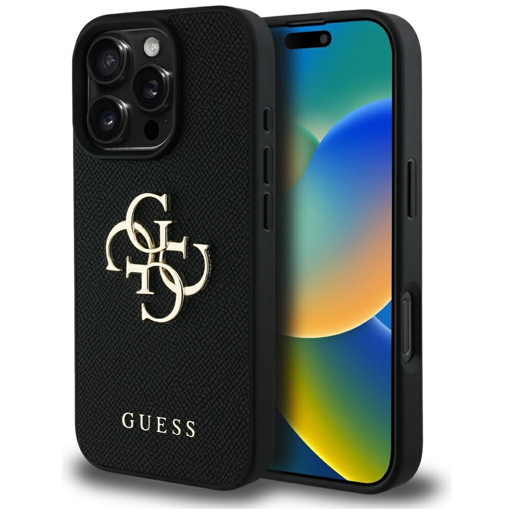 Case for Apple iPhone 16 Pro Max, Guess, Grained Big 4G Logo Small Classic Logo, Black