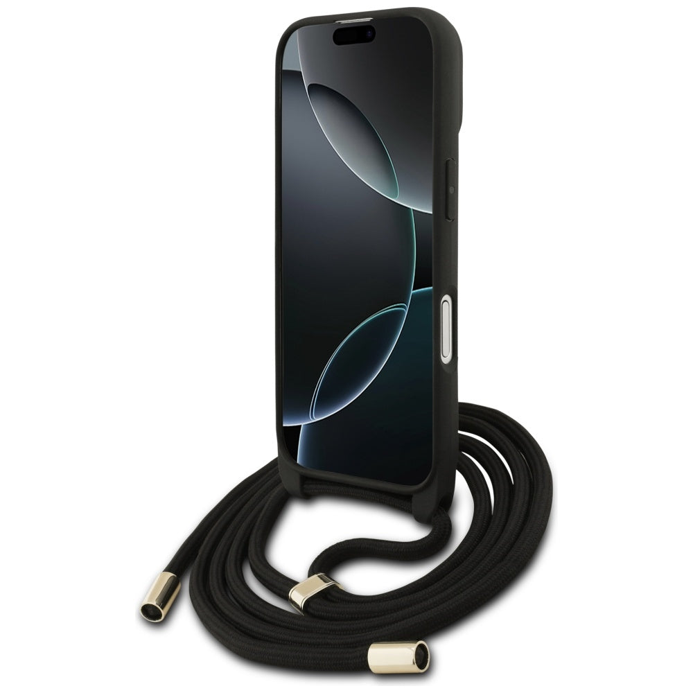 Case for Apple iPhone 17, Guess, 4G CBDY Big Logo with Cord Strap, Black
