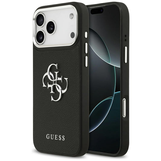 Case for Apple iPhone 17 Pro Max, Guess, 4G Grained Big and Classic Logo, Black Silver