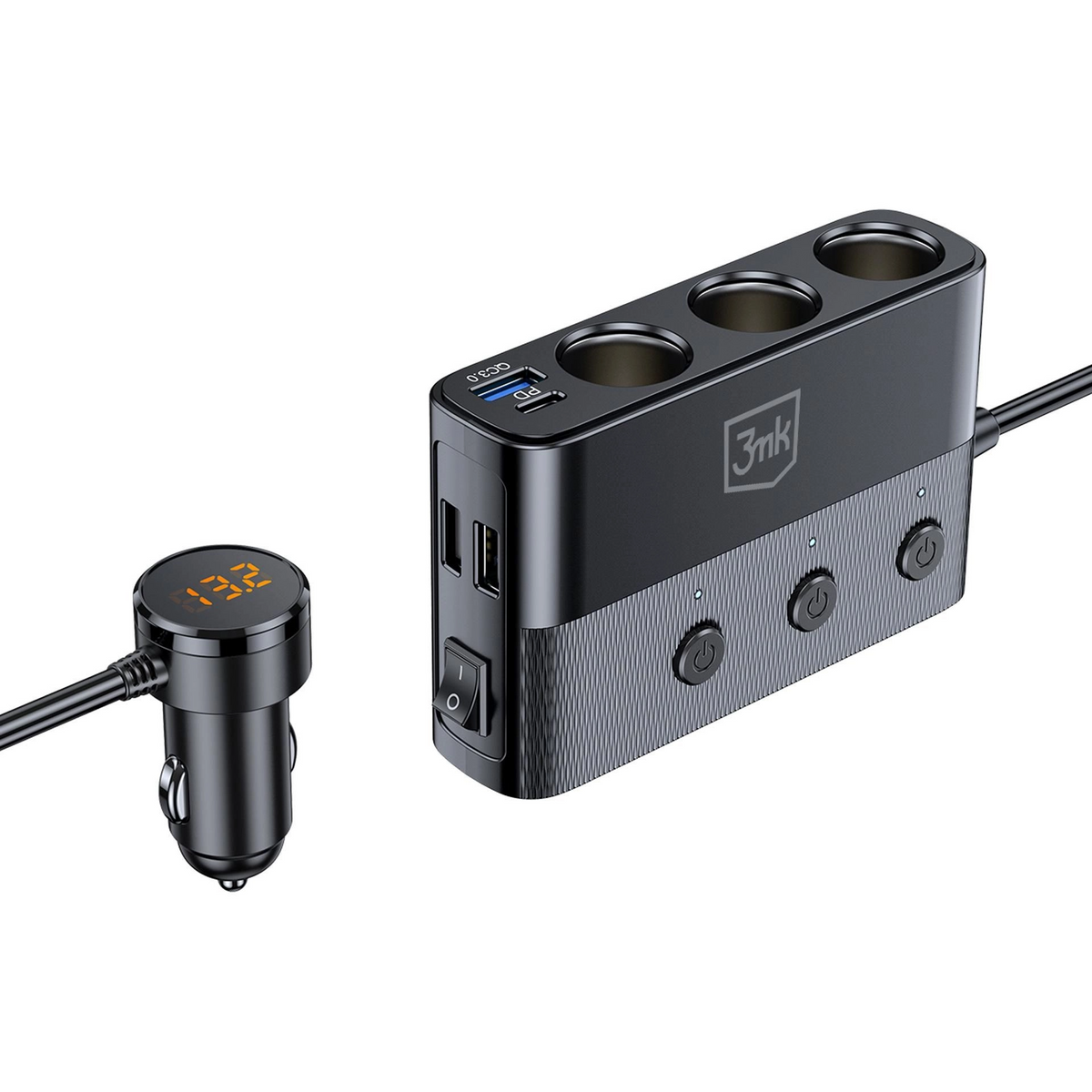 3MK Power Splitter Car Charger, 120W, 3A, 3 x USB-A - 1 x USB-C - 3 x Cigarette Lighter Extension, Black