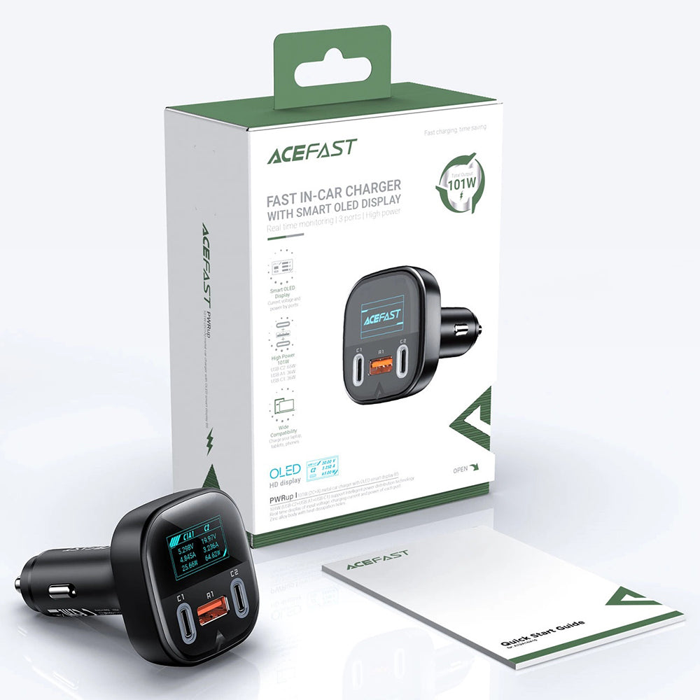 Acefast B5 Display Car Charger, 101W, 5A, 1 x USB-A - 2 x USB-C, Black