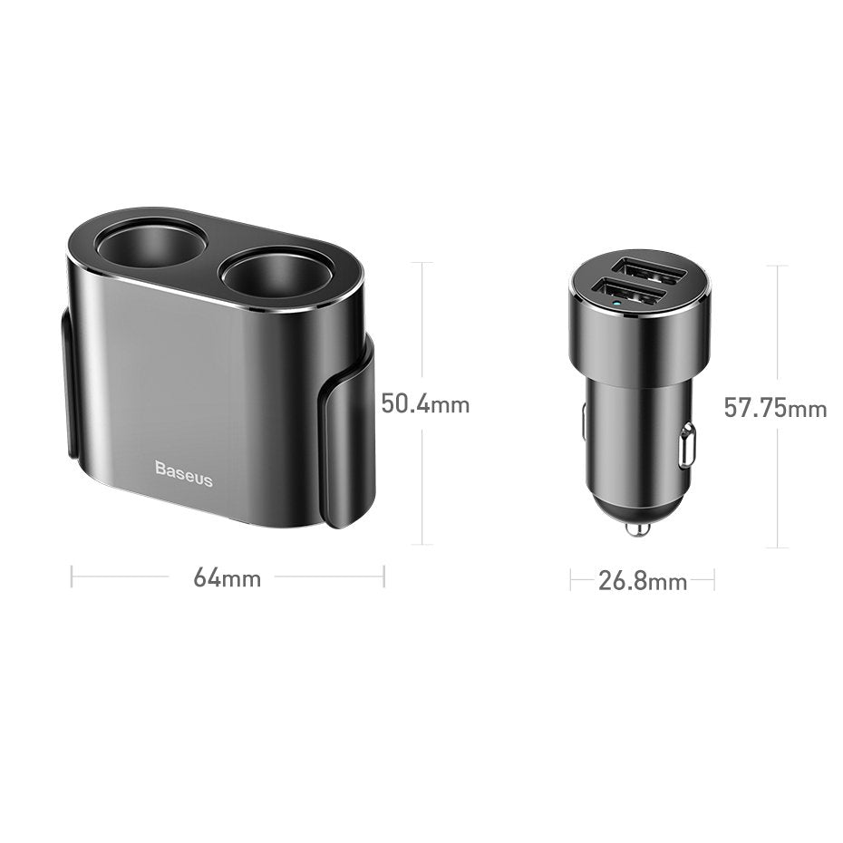 Car Charger Baseus High Efficiency, 95W, 2.1A, 2 x Cigarette Lighter Extension - 2 x USB-A, Grey CRDYQ-01 CRDYQ-01