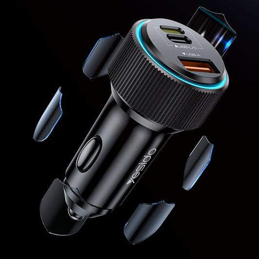 Car Charger with Lightning Cable Yesido Y60, 38W, 3A, 1 x USB-A - 2 x USB-C, Black
