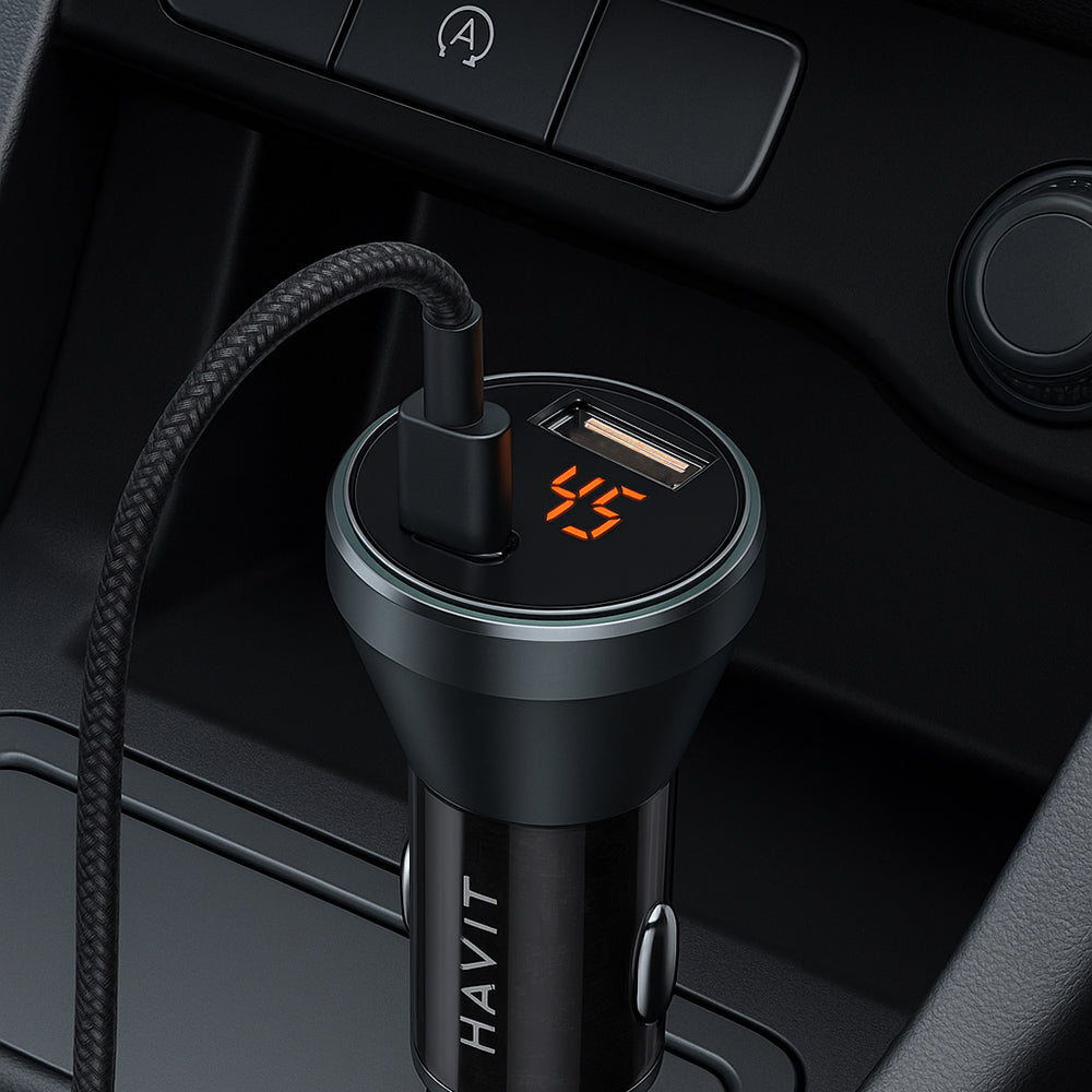HAVIT CC2017 Car Charger, 45W, 3A, 1 x USB-A - 1 x USB-C, Black Blue