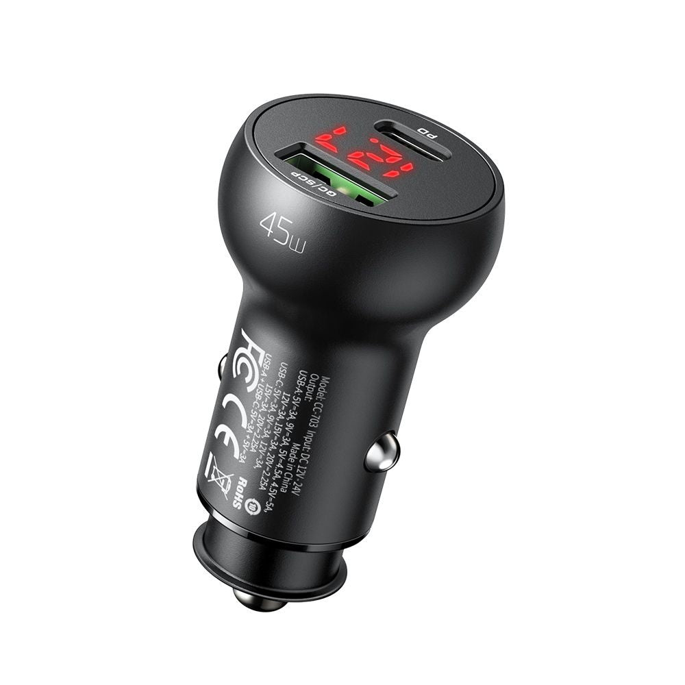 McDodo CC-7030 Auto Charger Display, 45W, 5A, 1 x USB-A - 1 x USB-C, Black