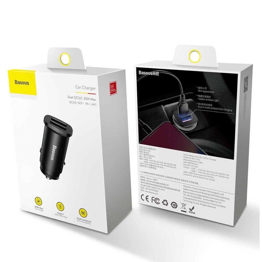Car Charger Baseus BS-C15Q, 30W, 5A, 2 x USB-A, Black CCALL-DS01