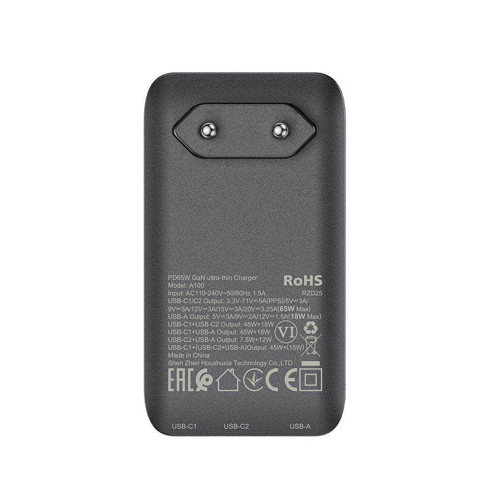 Acefast A100 Network Charger, 65W, 3.25A, 1 x USB-A - 2 x USB-C, Black