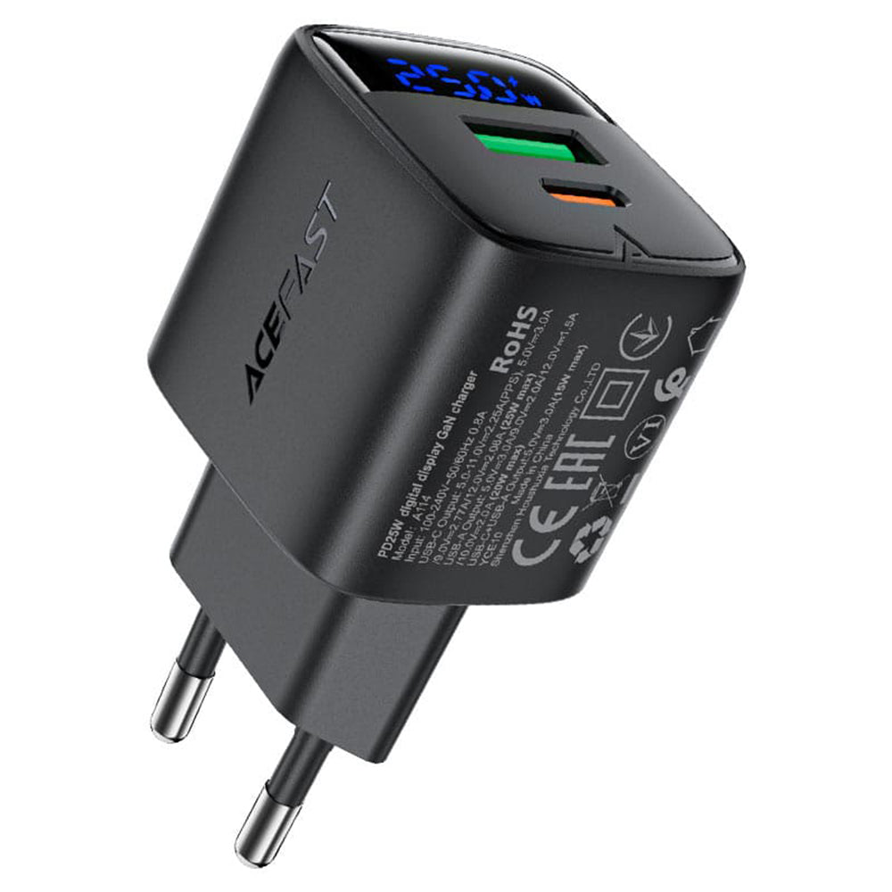 Acefast A114 Display Network Charger, 25W, 3A, 1 x USB-A - 1 x USB-C, Black