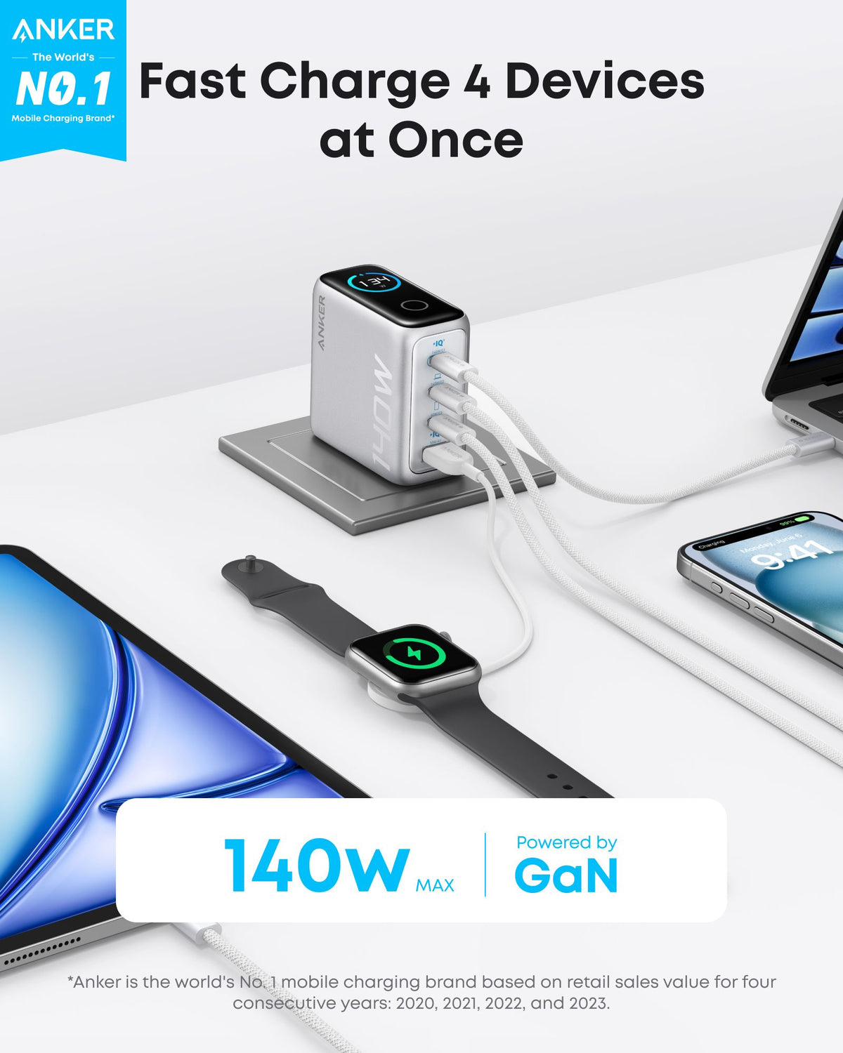 Anker Zolo USB-C Network Charger with Cable, 140W, 5A, 1 x USB-A - 3 x USB-C, Silver B2697G41