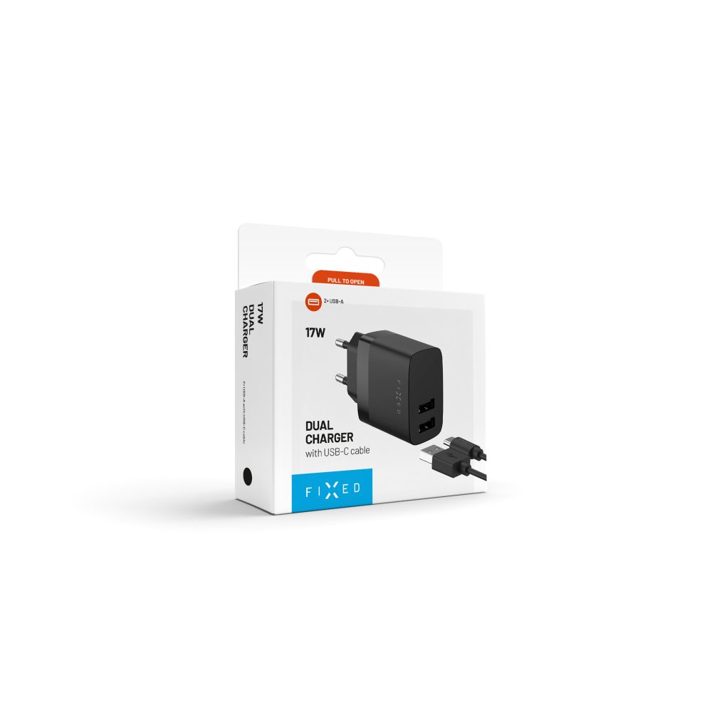Fixed USB-C Network Charger with Cable, 17W, 3A, 2 x USB-A, Black
