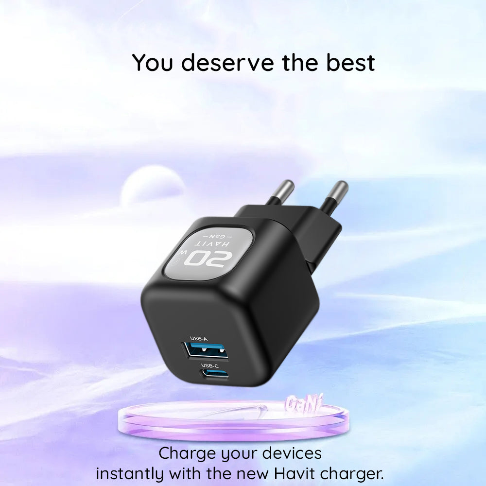 HAVIT UC220 Network Charger, 20W, 3A, 1 x USB-A - 1 x USB-C, Black Grey