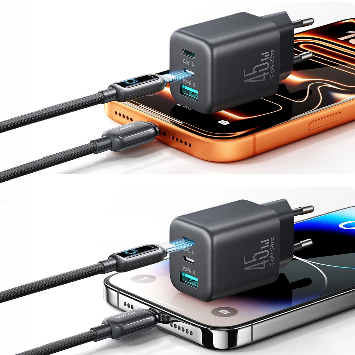 Joyroom JR-TO1 Wall Charger, 45W, 3A, 1 x Lightning - 1 x USB-A - 1 x USB-C, Black