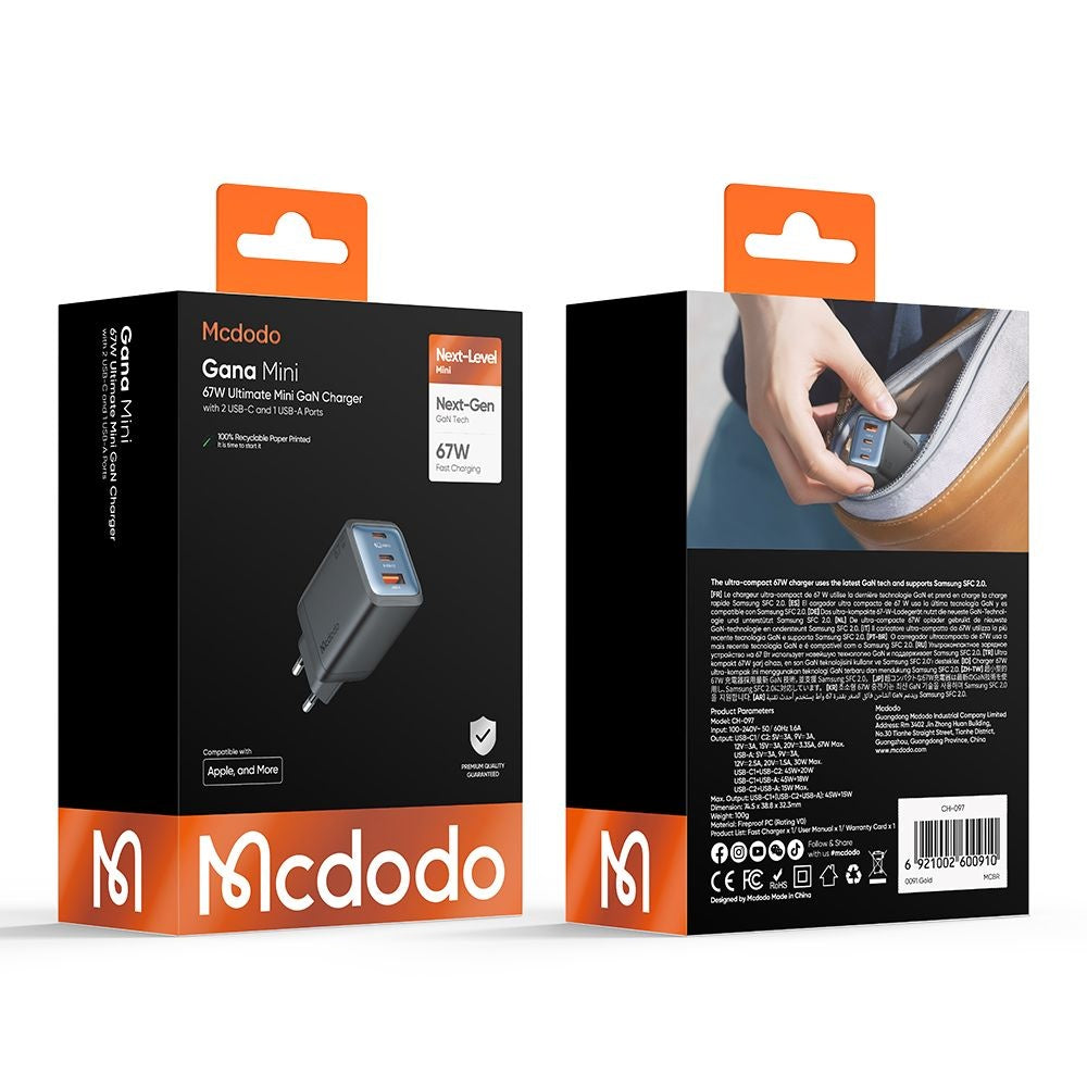 McDodo CH-0970 Gana Mini Network Charger, 67W, 3A, 1 x USB-A - 2 x USB-C, Black