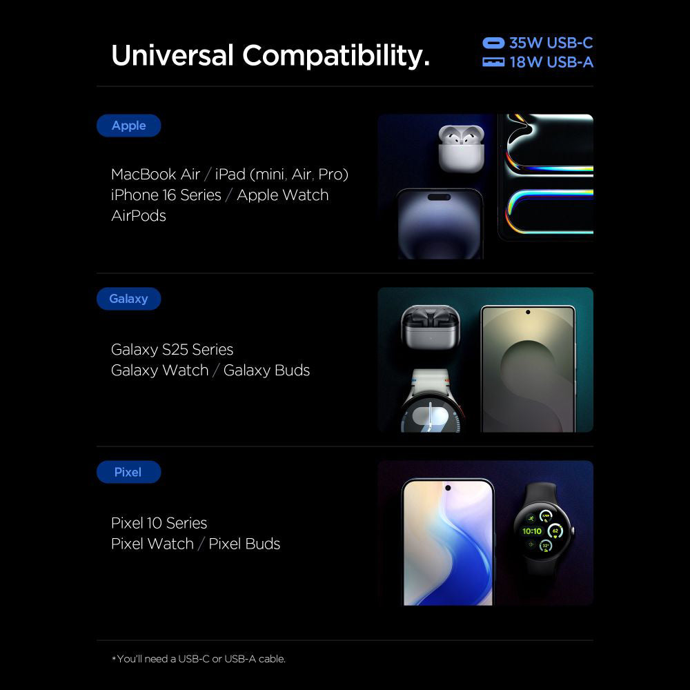 Spigen Essential Network Charger, 35W, 3A, 1 x USB-A - 1 x USB-C, Black ACH09463