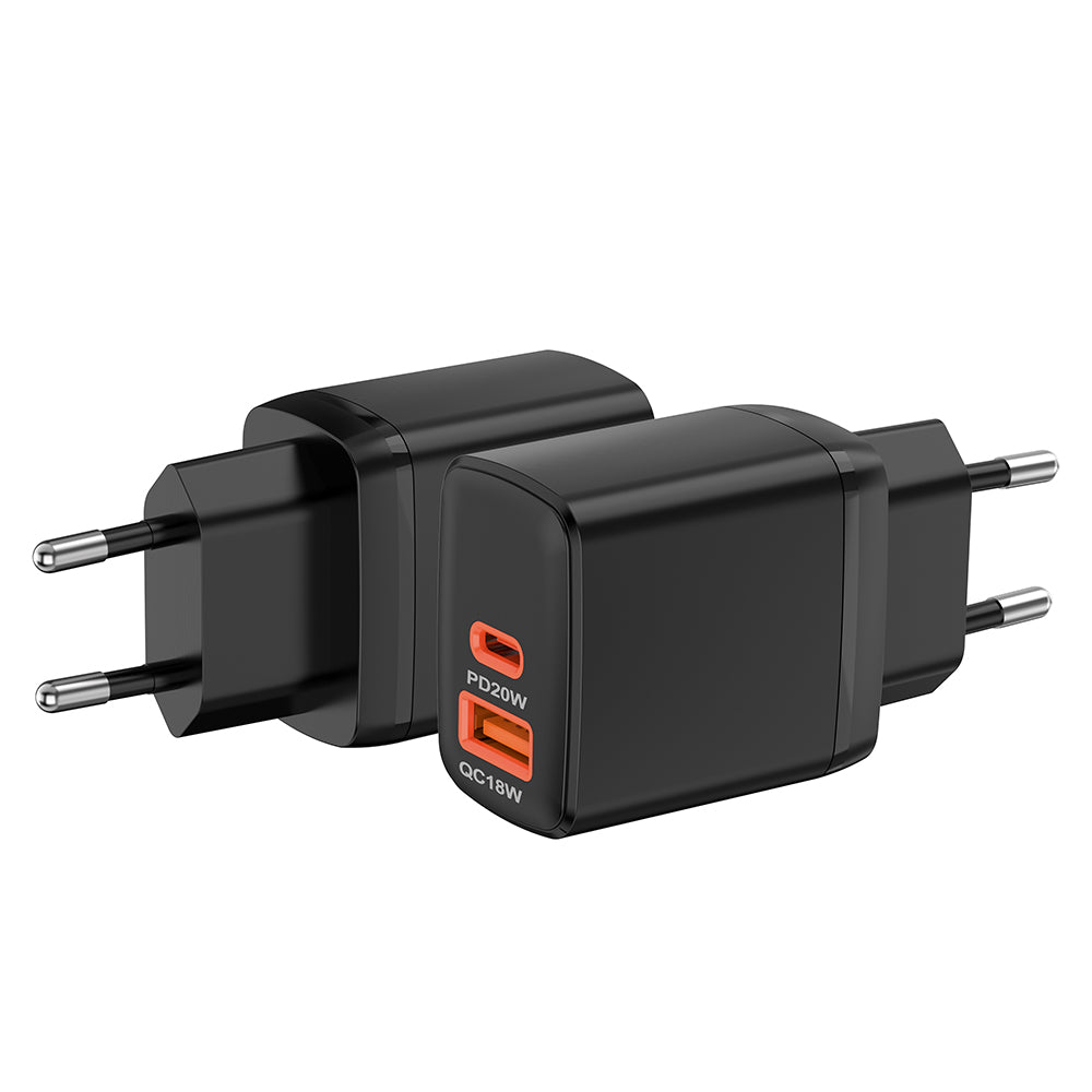 Techsuit CH2 Duonix Network Charger, 20W, 3A, 1 x USB-A - 1 x USB-C, Black