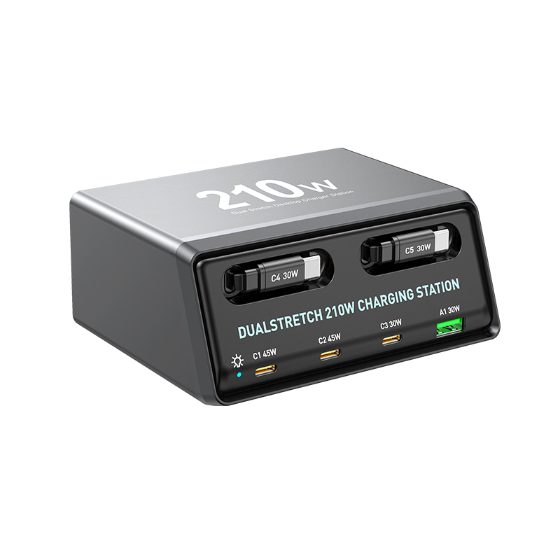 Charging Station with USB-C Cable OEM WLX-60E, 210W, 3A, 1 x USB-A - 3 x USB-C, Gray