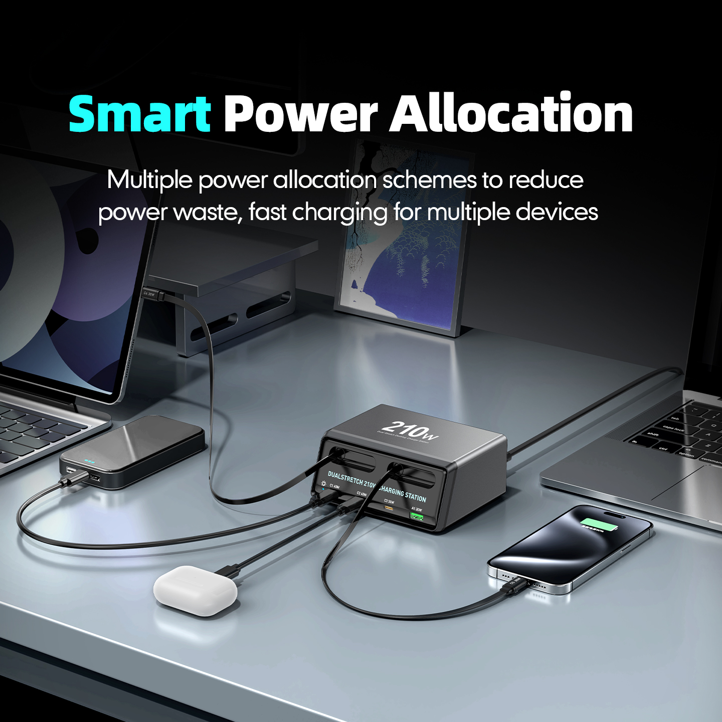 Charging Station with USB-C Cable OEM WLX-60E, 210W, 3A, 1 x USB-A - 3 x USB-C, Gray