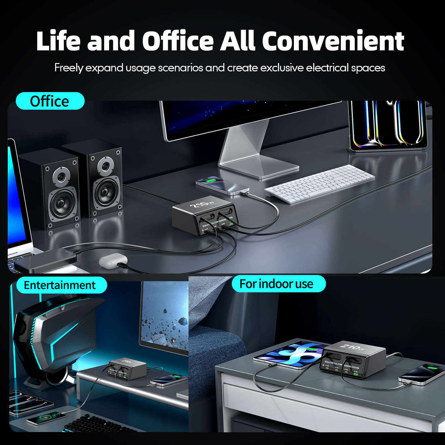Charging Station with USB-C Cable OEM WLX-60E, 210W, 3A, 1 x USB-A - 3 x USB-C, Gray