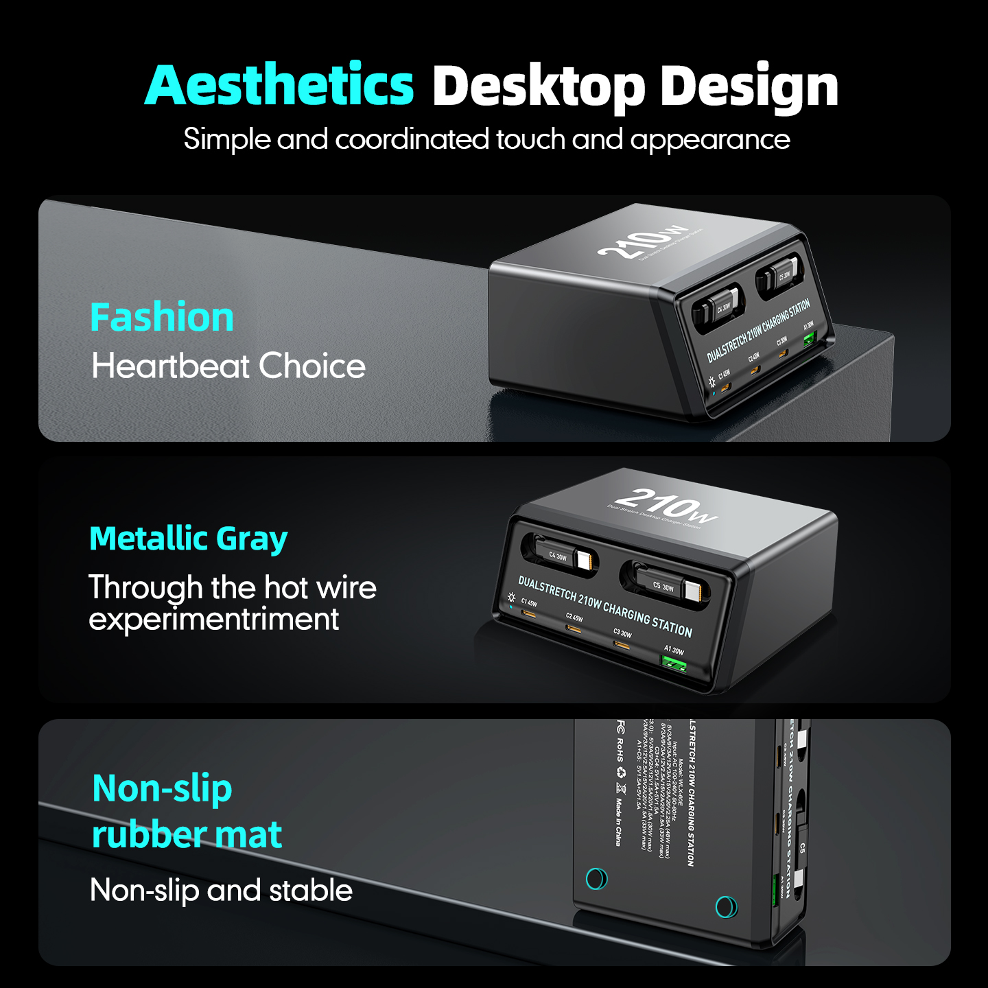 Charging Station with USB-C Cable OEM WLX-60E, 210W, 3A, 1 x USB-A - 3 x USB-C, Gray