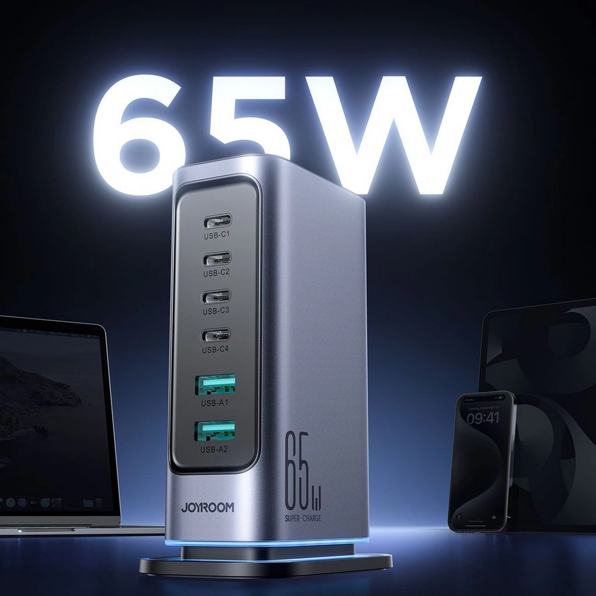 Joyroom JR-TCM02 UK Station Charger, 65W, 3.25A, 2 x USB-A - 4 x USB-C, Gray