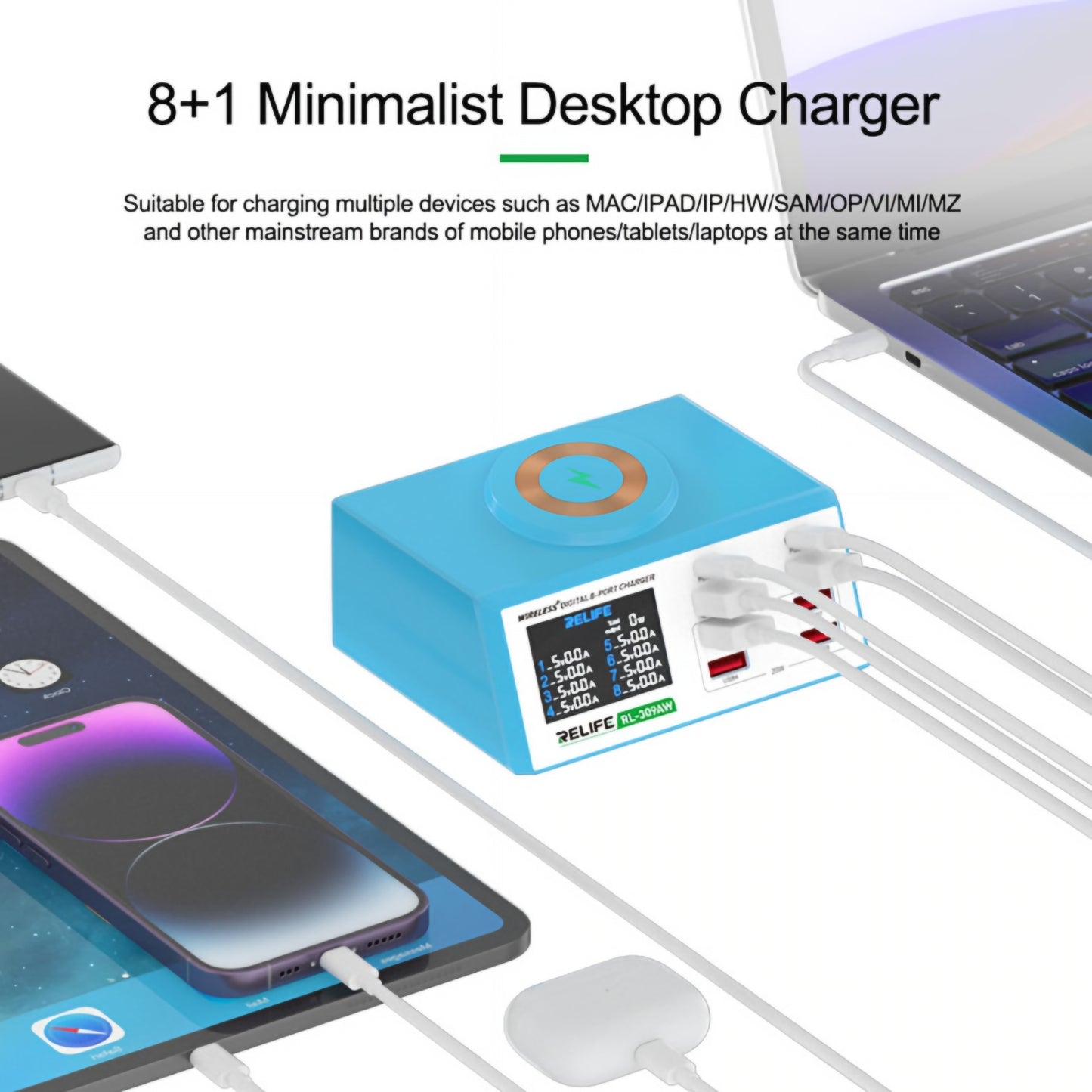 Relife RL-309AW Charging Station, 100W, 5A, 2 x USB-C - 6 x USB-A, Blue