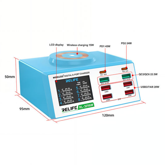 Relife RL-309AW Charging Station, 100W, 5A, 2 x USB-C - 6 x USB-A, Blue