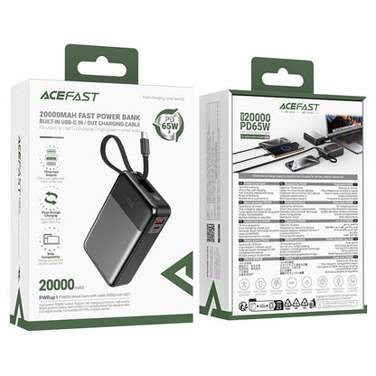 Acefast M21 External Battery, 20000mAh, 65W, QC + PD, 1 x USB-A - 2 x USB-C, Black