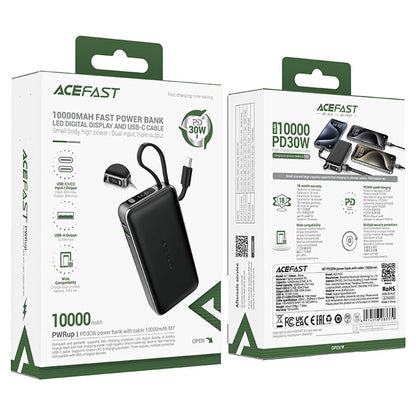 Acefast M7 External Battery, 10000mAh, 30W, QC + PD, 1 x USB-A - 2 x USB-C, Black