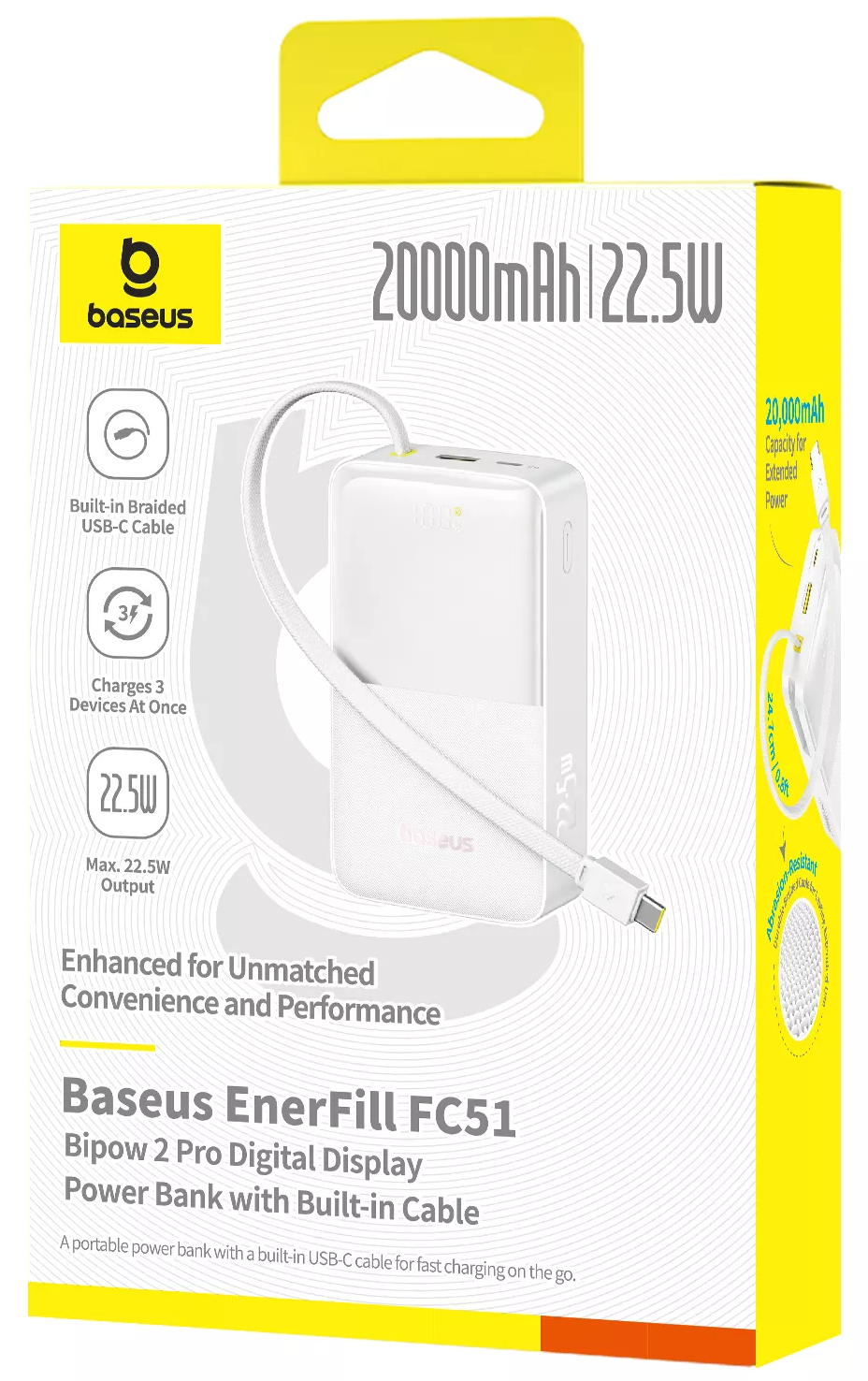 Baseus EnerFill Bipow2 Pro External Battery, 20000mAh, 22.5W, QC + PD, 1 x USB-A - 2 x USB-C, White E0027700