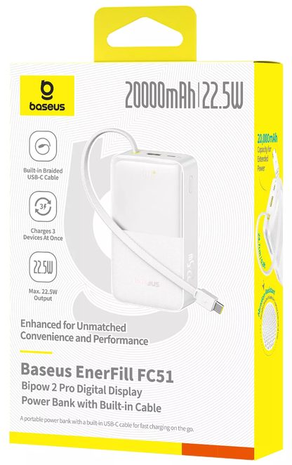 Baseus EnerFill Bipow2 Pro External Battery, 20000mAh, 22.5W, QC + PD, 1 x USB-A - 2 x USB-C, White E0027700