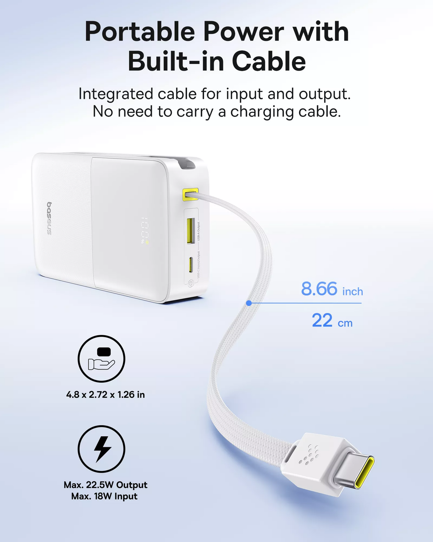 Baseus EnerFill Bipow2 Pro External Battery, 20000mAh, 22.5W, QC + PD, 1 x USB-A - 2 x USB-C, White E0027700