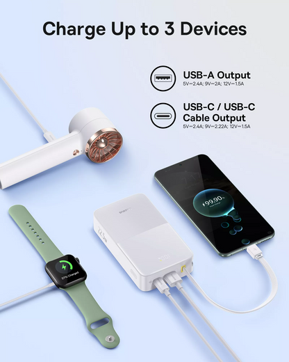 Baseus EnerFill Bipow2 Pro External Battery, 20000mAh, 22.5W, QC + PD, 1 x USB-A - 2 x USB-C, White E0027700