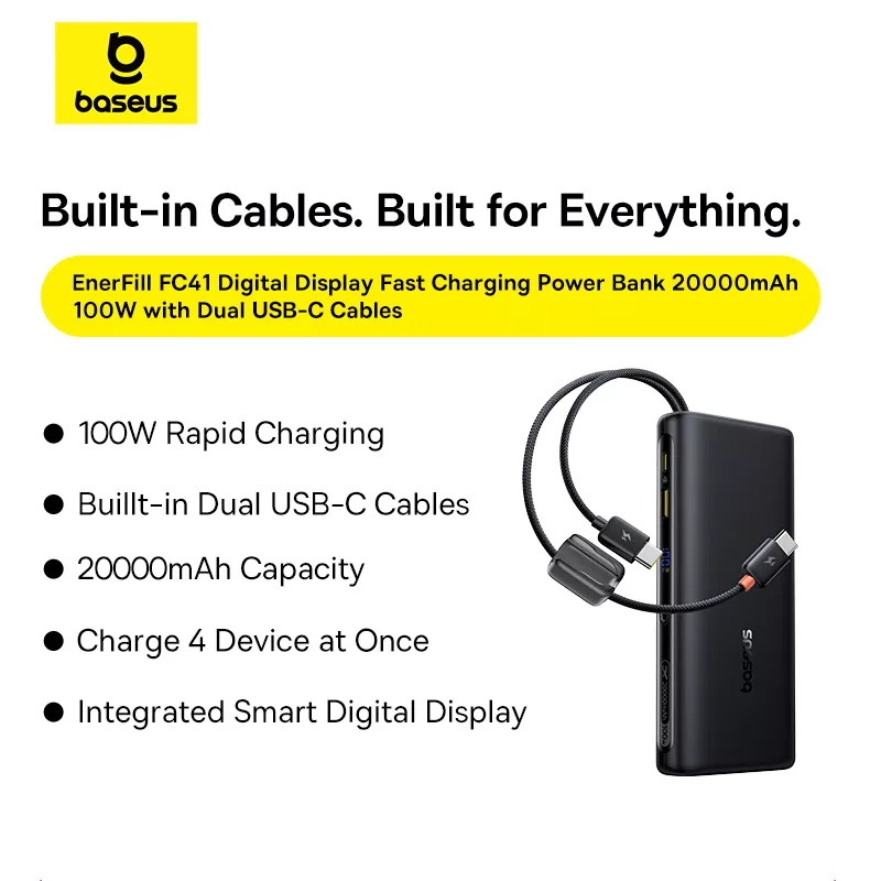 Baseus EnerFill FC41 External Battery, 20000mAh, 100W, QC + PD, 1 x USB-A - 3 x USB-C, Black E0028N03