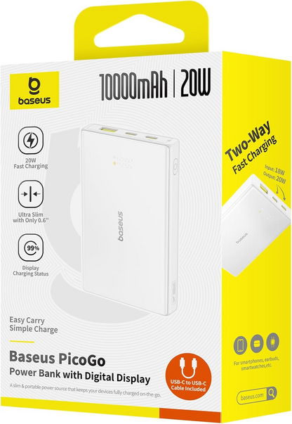 Baseus PicoGo External Battery, 10000mAh, 20W, QC + PD, 1 x USB-A - 2 x USB-C, White P10076801213-00