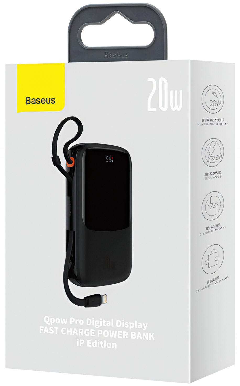 Baseus Qpow Pro External Battery, 20000mAh, 20W, QC + PD, 1 x Lightning - 1 x USB-A - 1 x USB-C, Black PPQD060201