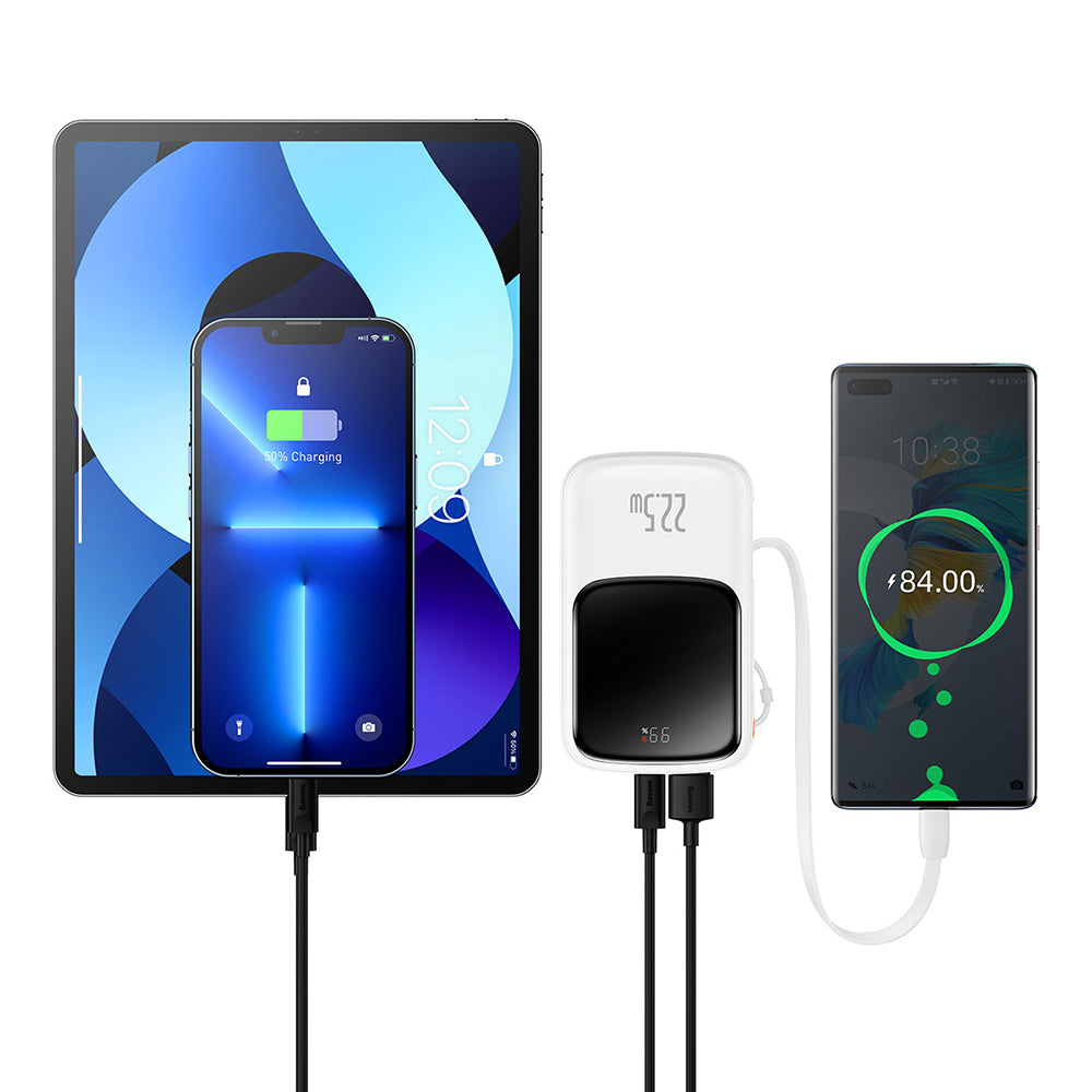 Baseus Qpow Pro External Battery, 10000mAh, 22.5W, QC + PD, 1 x USB-A - 2 x USB-C, White PPQD020102