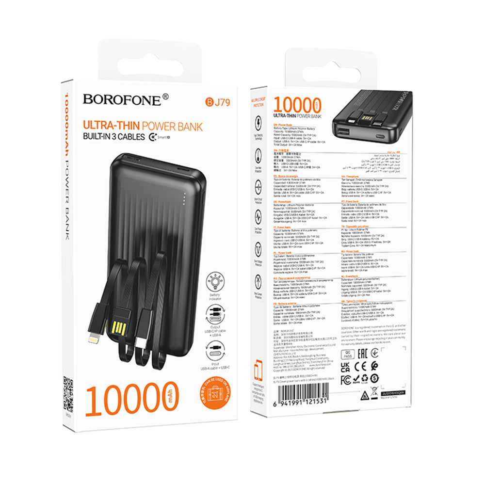 Borofone BJ79 Clever External Battery, 10000mAh, 10W, 1 x Lightning - 1 x USB-A - 1 x USB-C, Black
