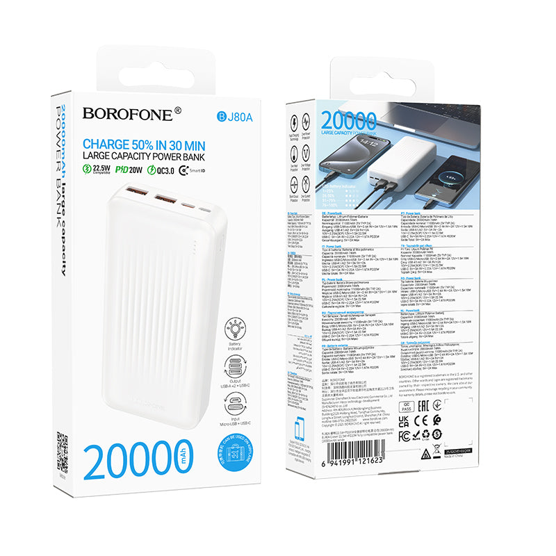 Borofone BJ80A Clever External Battery, 20000mAh, 22.5W, QC + PD, 1 x USB-C - 2 x USB-A, White