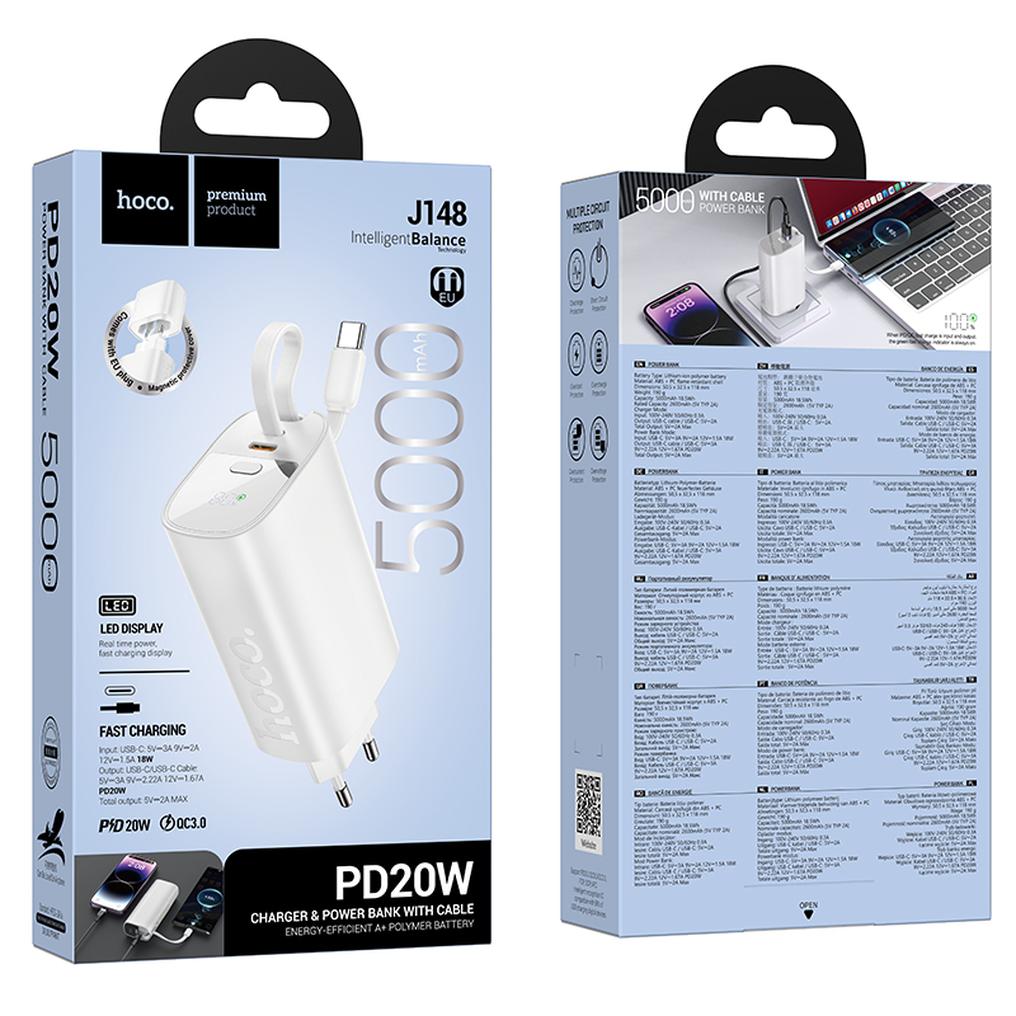 HOCO J148 2-in-1 Power Bank, 5000mAh, 20W, PD, 2 x USB-C, White